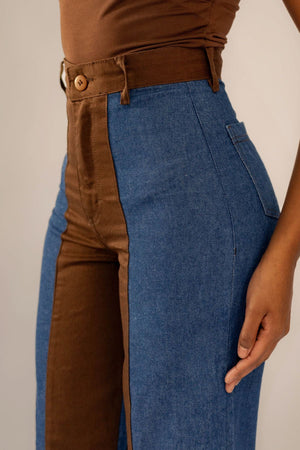 Calça Bicolor Jeans com Marrom