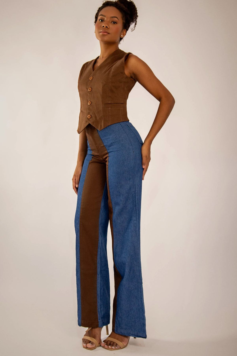 Calça Bicolor Jeans com Marrom