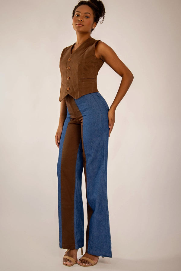 Calça Bicolor Jeans com Marrom