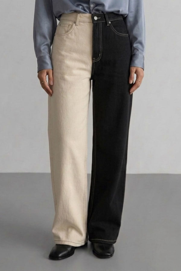 Em breve - Calça Wide Leg Bicolor Preta e Off