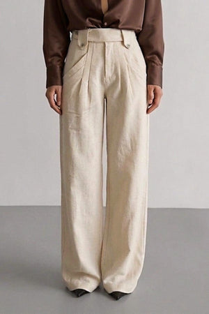 Calça alfaiataria linho com algodão estilosa feminina trabalho em tom claro, ideal para o dia a dia.