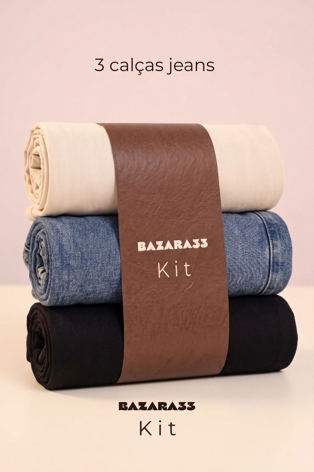 Kit 3 Calças Jeans wide leg - Tons Neutros