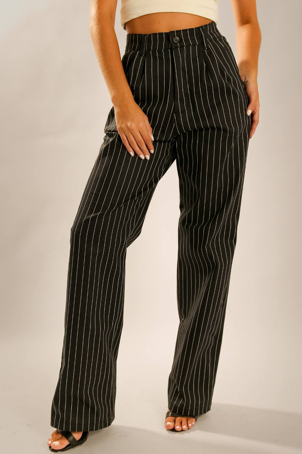 Calça Alfaiataria Algodão Risca de Giz Preta