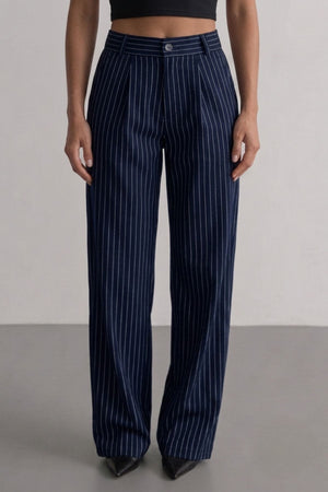 Calça Alfaiataria Algodão Risca de Giz Azul marinho