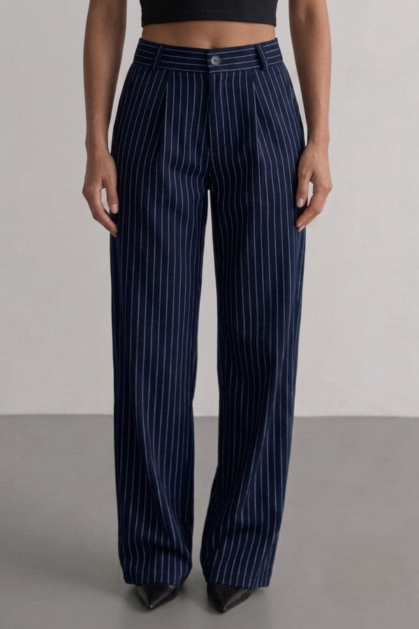 Calça Alfaiataria Algodão Risca de Giz Azul marinho