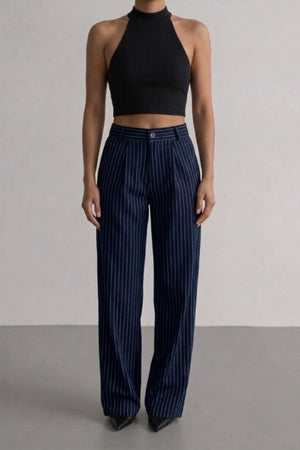 Calça Alfaiataria Algodão Risca de Giz Azul marinho