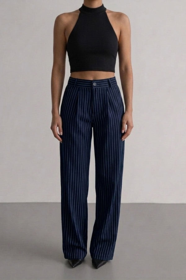 Calça Alfaiataria Algodão Risca de Giz Azul marinho