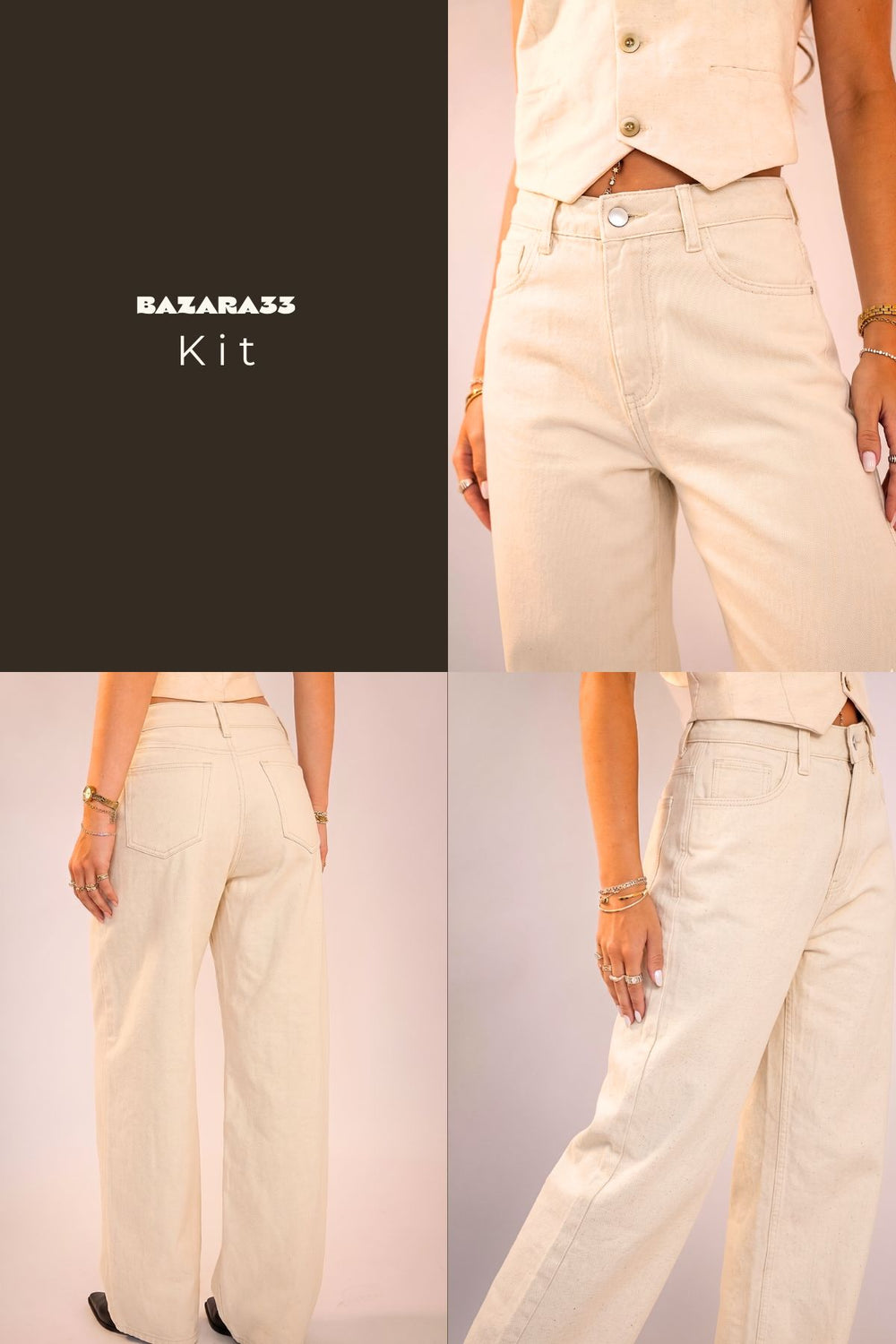 Kit 3 Calças Jeans wide leg - Tons Neutros
