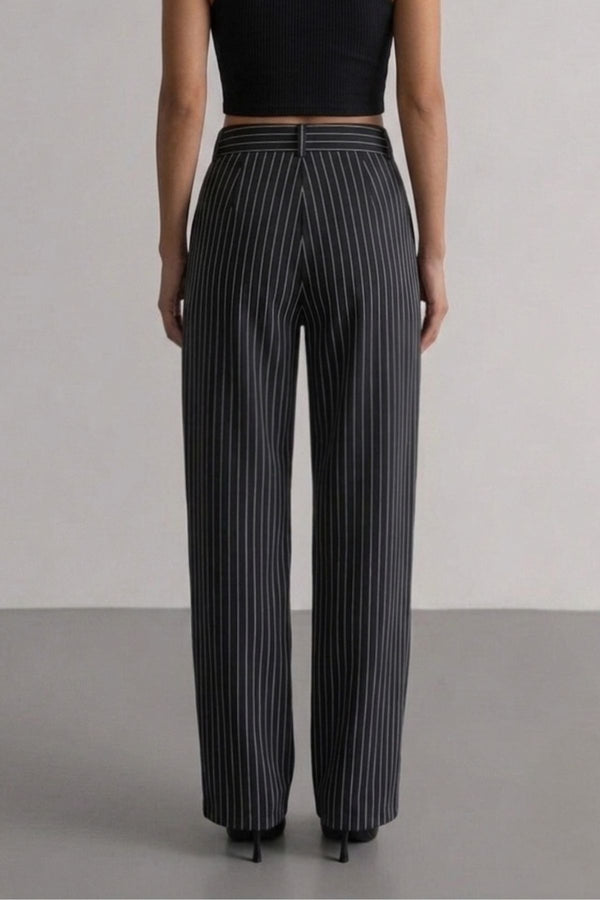 Calça Alfaiataria Algodão Risca de Giz Preta