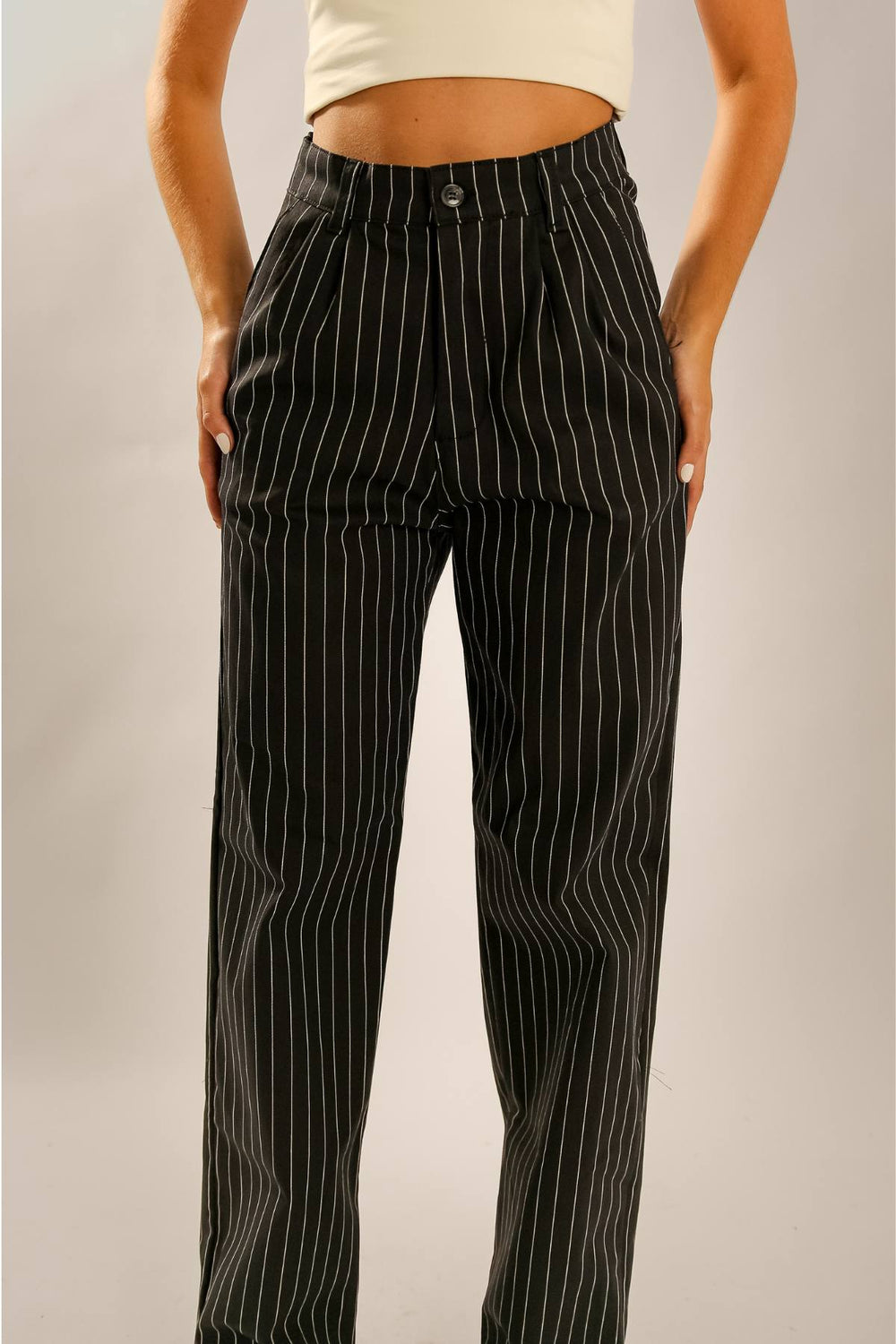 Calça Alfaiataria Algodão Risca de Giz Preta