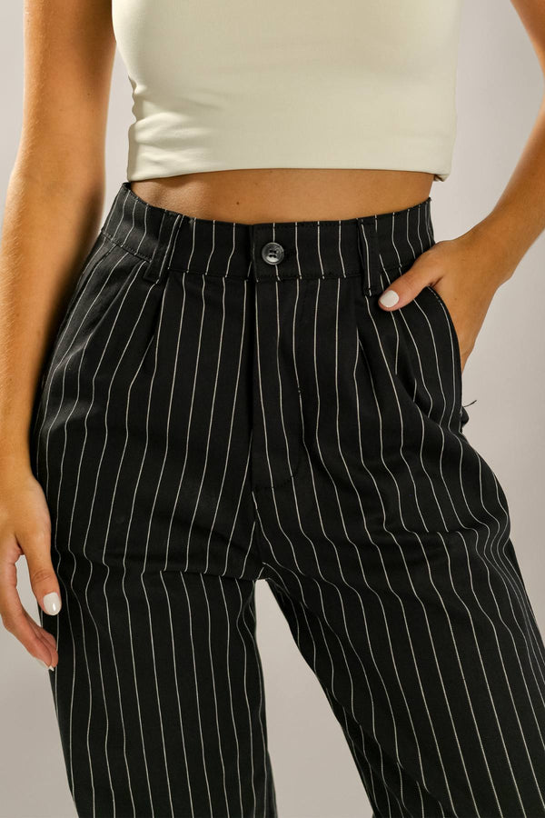 Calça Alfaiataria Algodão Risca de Giz Preta