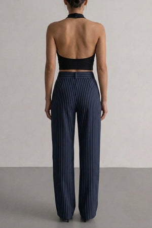 Calça Alfaiataria Algodão Risca de Giz Azul marinho