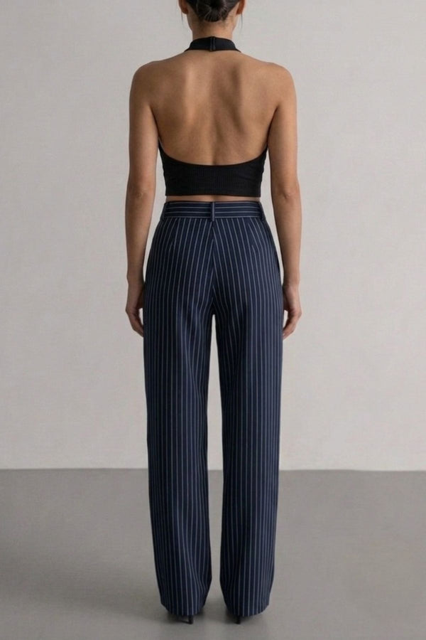 Calça Alfaiataria Algodão Risca de Giz Azul marinho