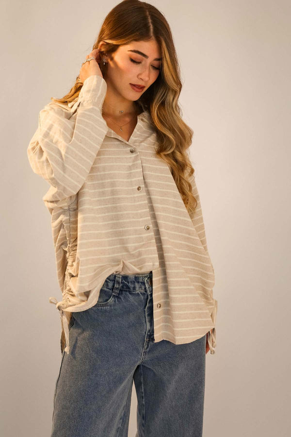 Camisa Oversized Listrada Bege