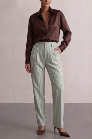 Calça Alfaiataria Algodão Risca de Giz Verde e Azul