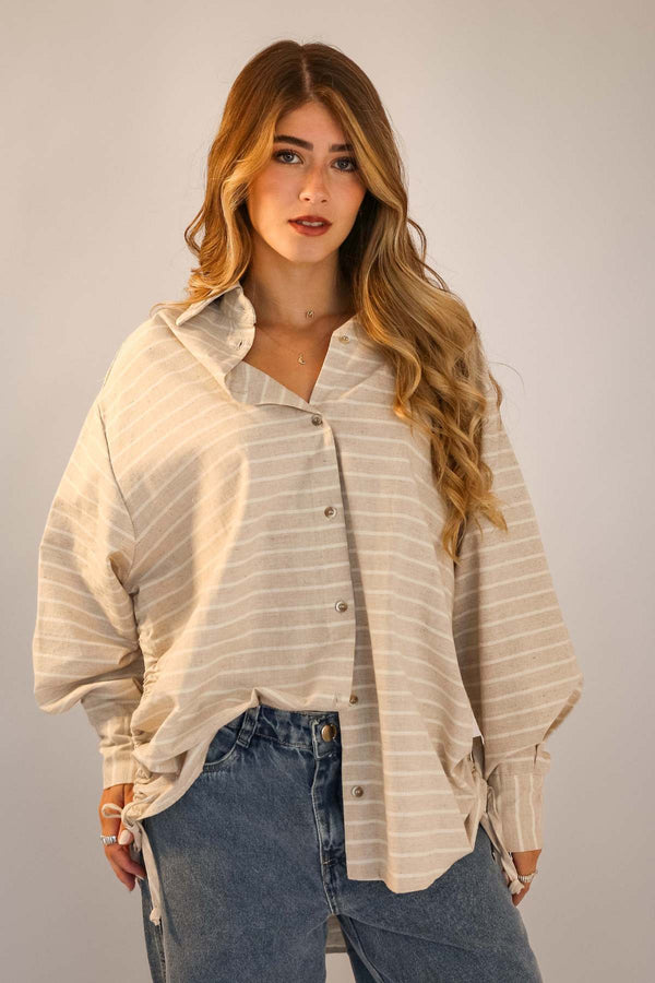Camisa Oversized Listrada Bege