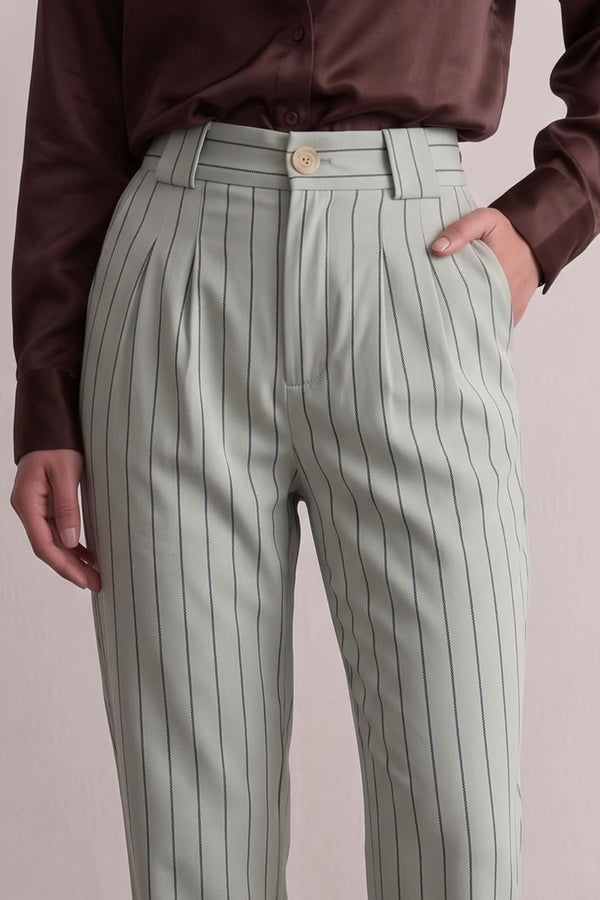 Calça Alfaiataria Algodão Risca de Giz Verde e Azul