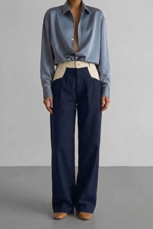Calça Alfaiataria Reta Azul com Off White