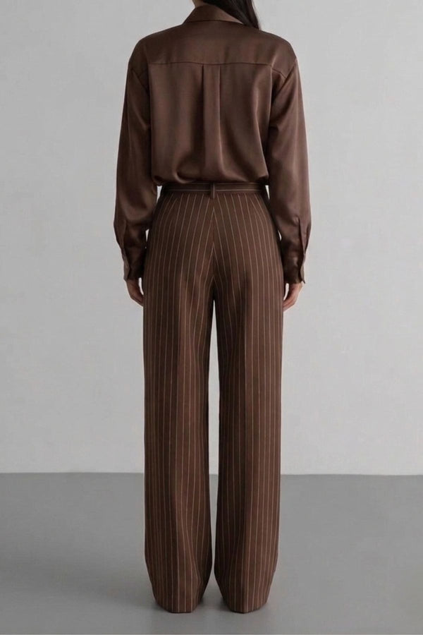 Calça Alfaiataria Algodão Risca de Giz Marrom