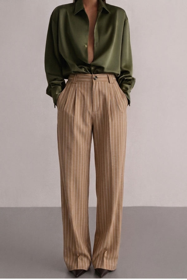 Calça Alfaiataria Algadão Risca de Giz Bege
