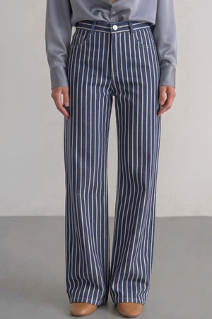 Calça Listrada Azul Marinho Estonada - Listra Fina