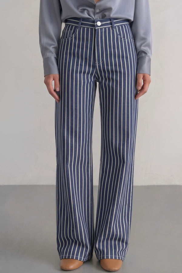 Calça Listrada Azul Marinho Estonada - Listra Fina