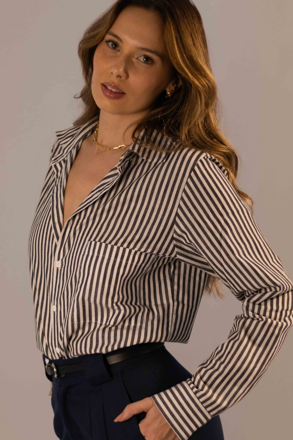 Camisa Algodão Listrada Preta