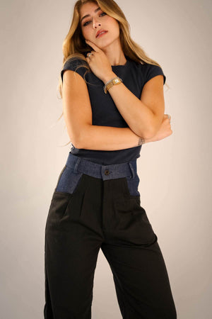 Calça Alfaiataria Reta Preta e Jeans