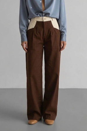Calça Alfaiataria Reta Marrom e Off White