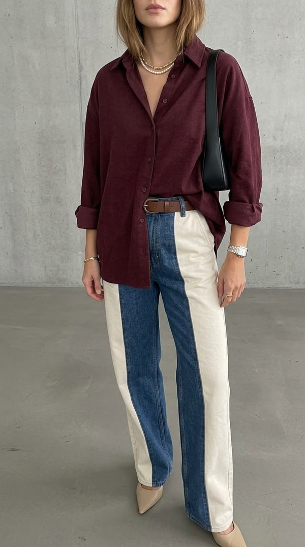 Calça Bicolor Jeans com Off White combinada com Camisa Fluida Vinho
