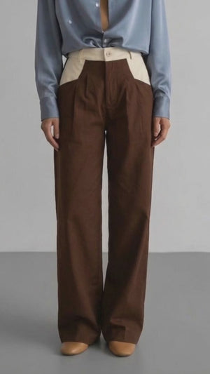 Calça Alfaiataria Reta Marrom e Off White